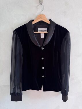 Vintage Black Velvet Blouse with Sheer Sleeves